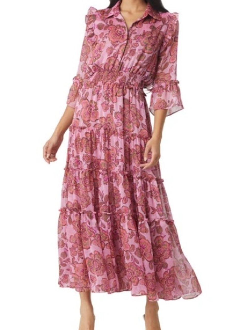 Misa Los Angeles Pink Floral Tiered Maxi Dress